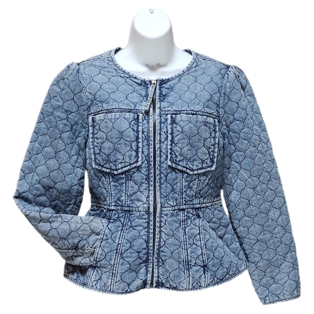 Democracy Quilted Peplum Denim Jacket Long Puff Sleeve Washed Mid Blue S.